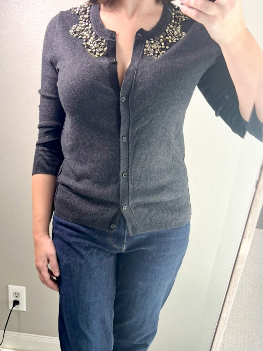LOFT Charcoal Grey Jeweled Cardigan Sweater Rhinestone Embellished Size S